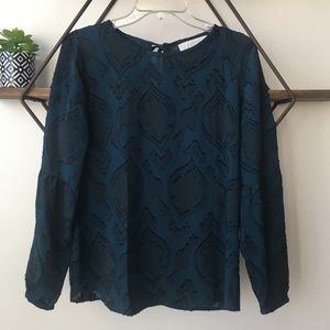 LOFT•Navy Black Print Blouse Bell Sleeve